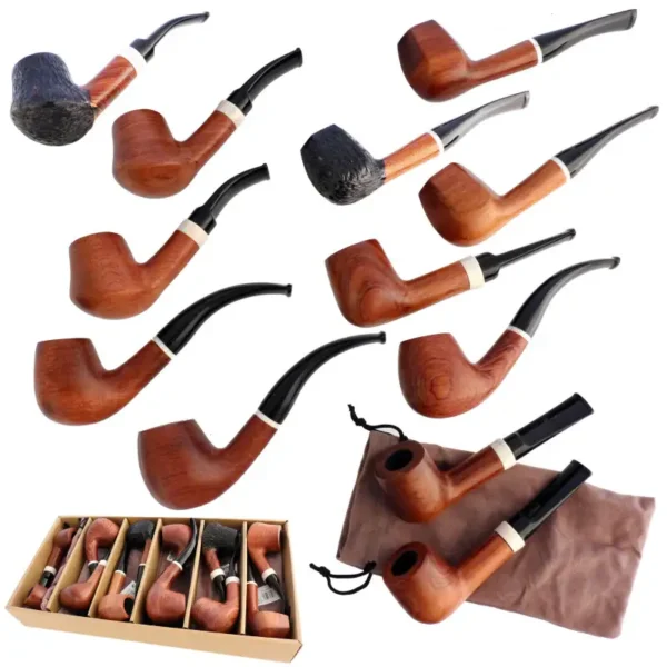 Conjunto de 12 pipas de madera con diferentes diseños, boquillas negras y detalles claros, presentadas con bolsa de tela y caja de almacenamiento.