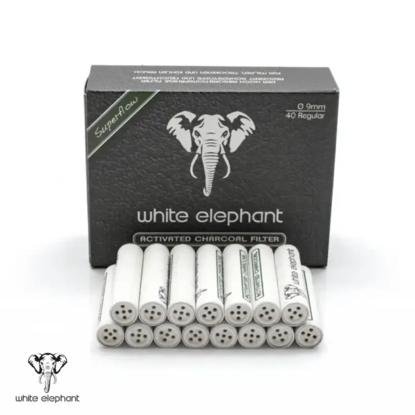 Caja con 40 filtros de carbón activado White Elephant de 9 mm, diseñados para mejorar la experiencia de fumar.