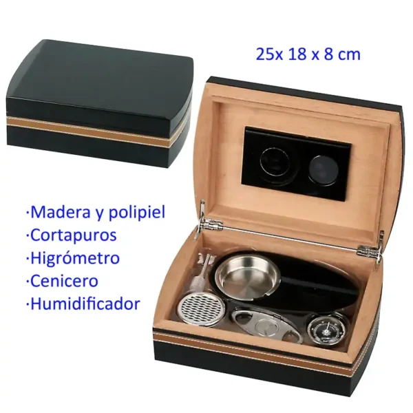 humidor polipiel negro marron con higrometro, cortapuros, cenicero y humidificador