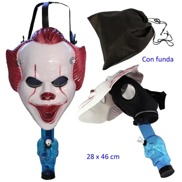 Máscara bong de 28 x 46 cm con diseño de payaso, tubo azul en forma de calavera y funda para transporte incluida.